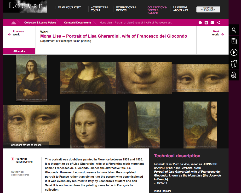 Louvre official website with the declaration of unknown origin of Monna Lisa