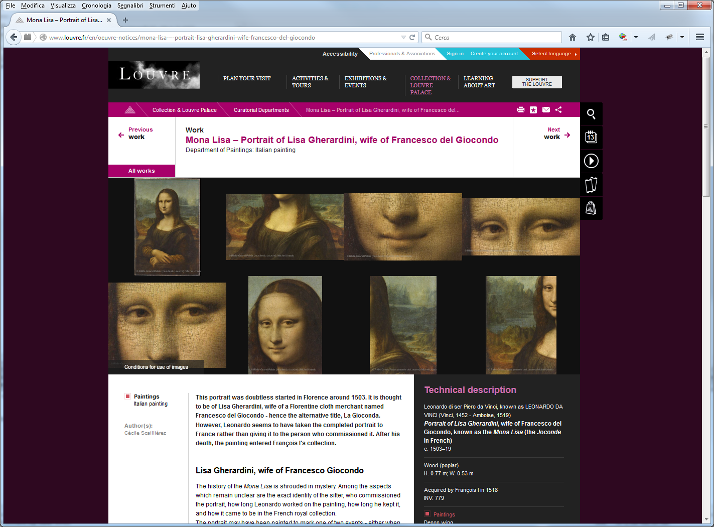 Updated Louvre's web page (at the time of this article) without the statement about the unknown origin of Monna Lisa.